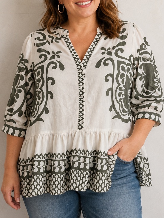 Umgee Tops - UMGEE Scroll Print Popover Peplum Blouse Boho Tunic Top Sz XL Cream Sage